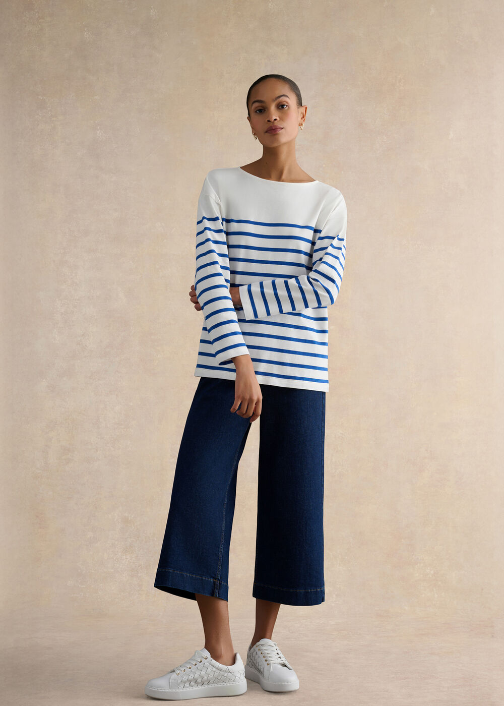 Sian Striped Long Sleeve Cotton Top, Ivory Blue, hi-res