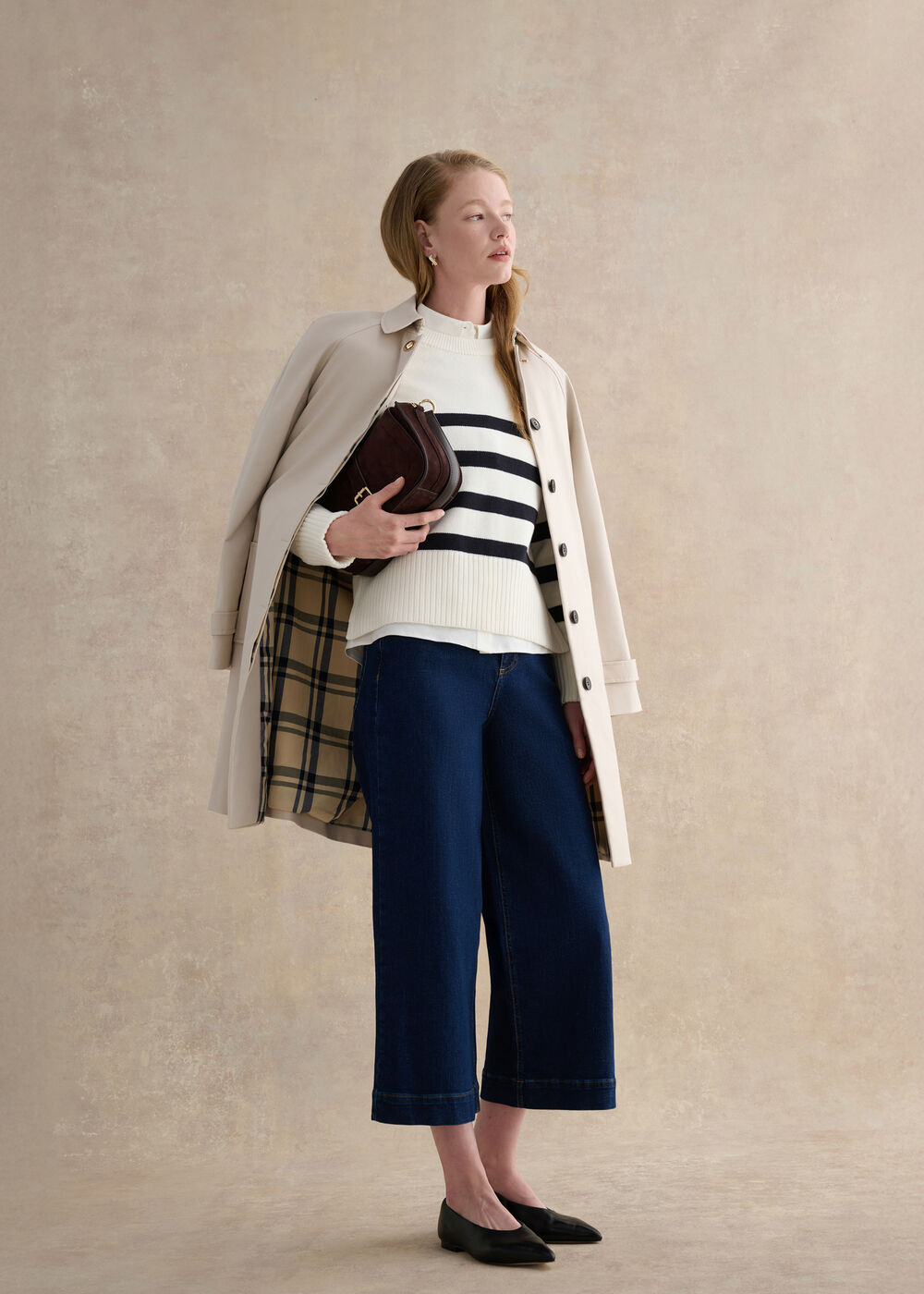 Georgie Striped Cotton Jumper, Ivory Navy, hi-res