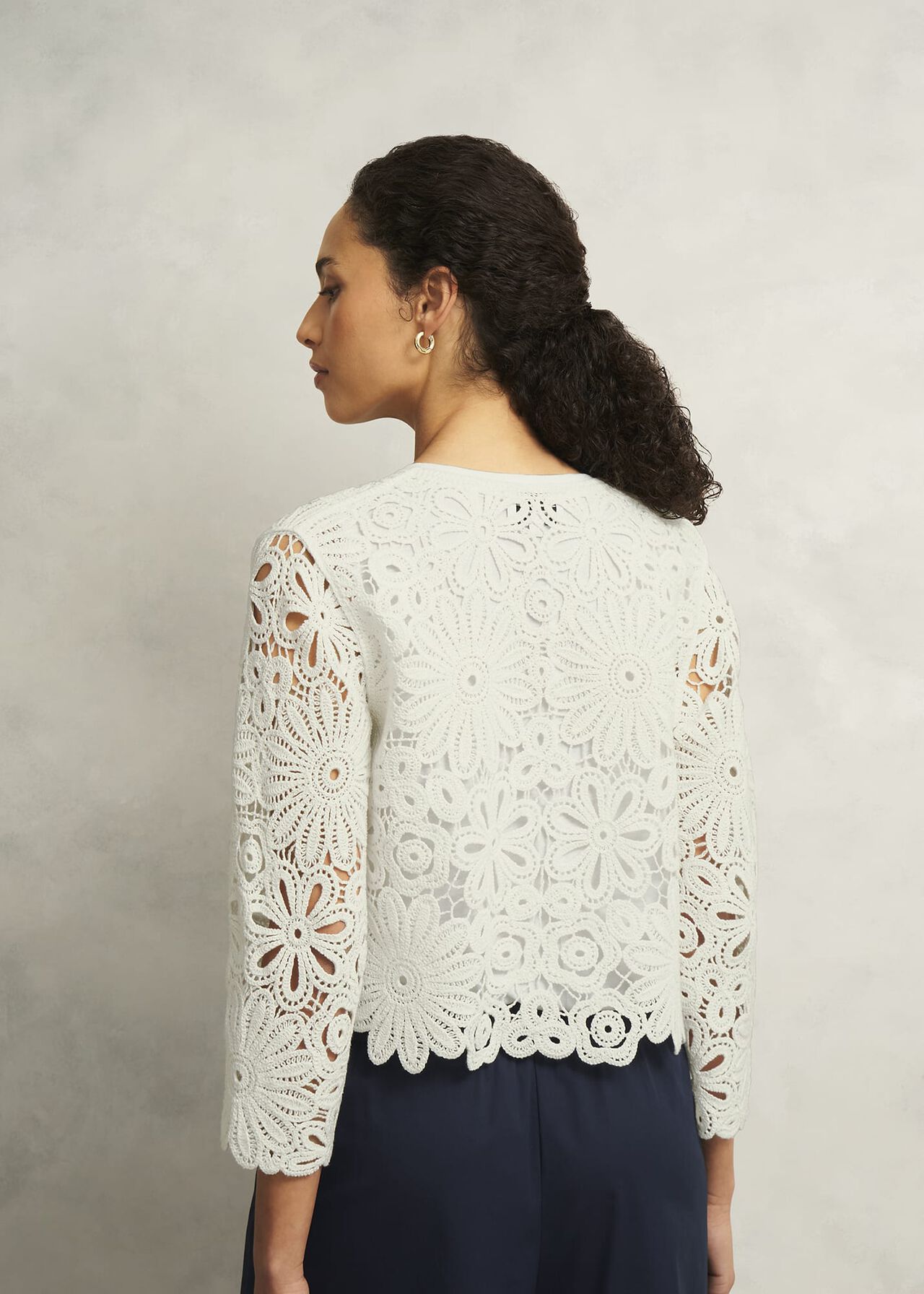 Ivory Syon Floral Cotton Crochet Knitted Jacket, Ivory, hi-res