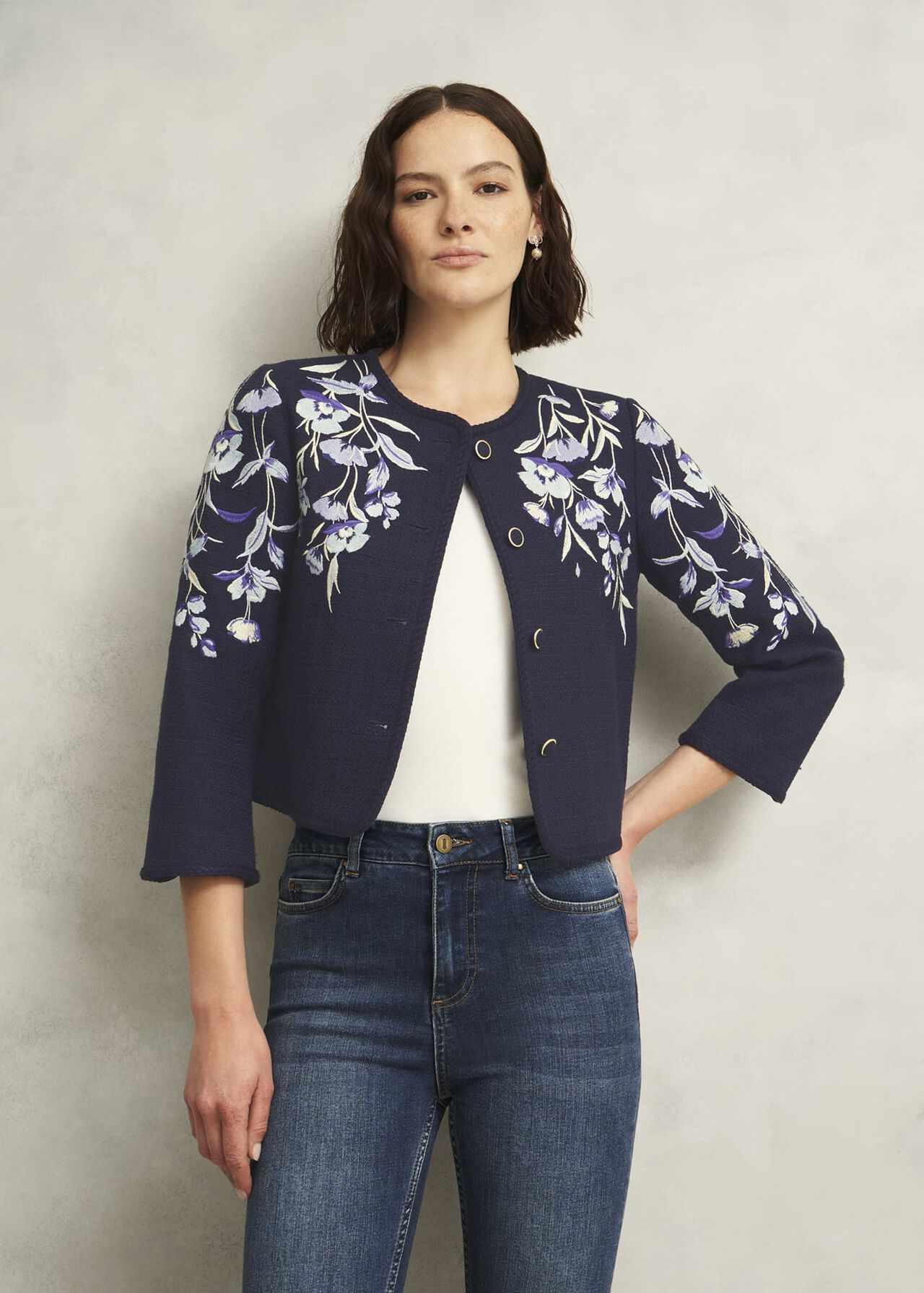 Hinton Floral Embroidered Tweed Jacket , Midnight Navy, hi-res