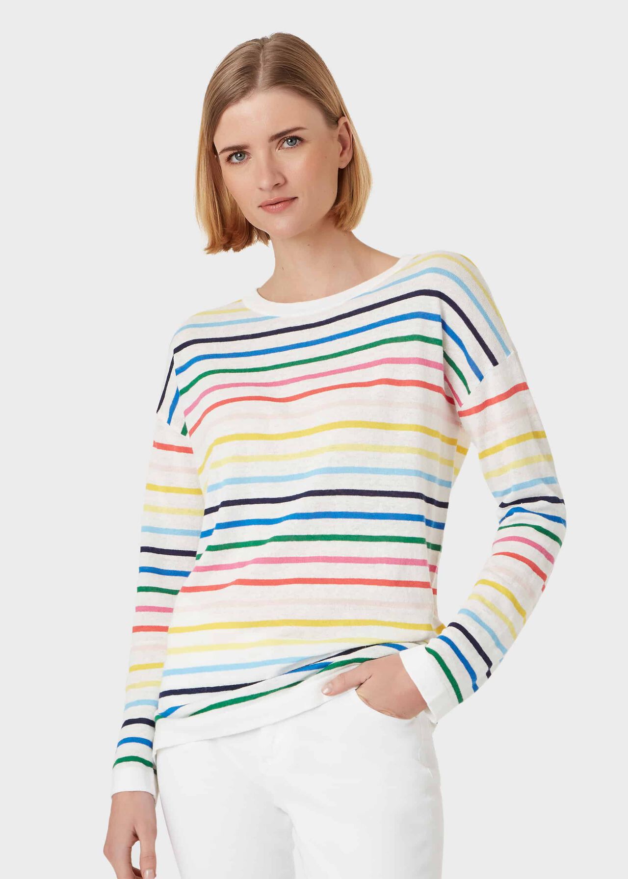 Rainbow Linen Cotton Stripe Jumper, Multi, hi-res