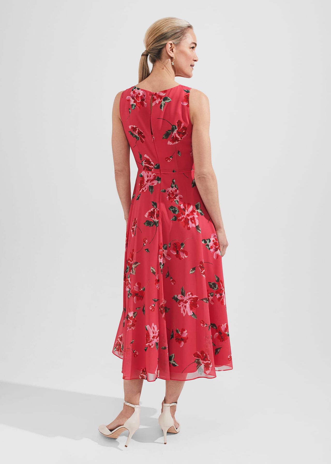 Carly Floral Midi Dress, Pink Red Multi, hi-res