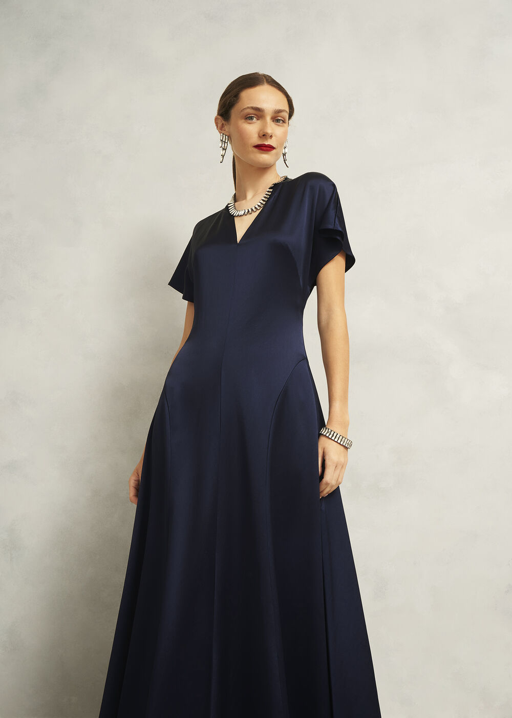 Grace Satin V Neck Maxi Dress, Midnight Navy, hi-res