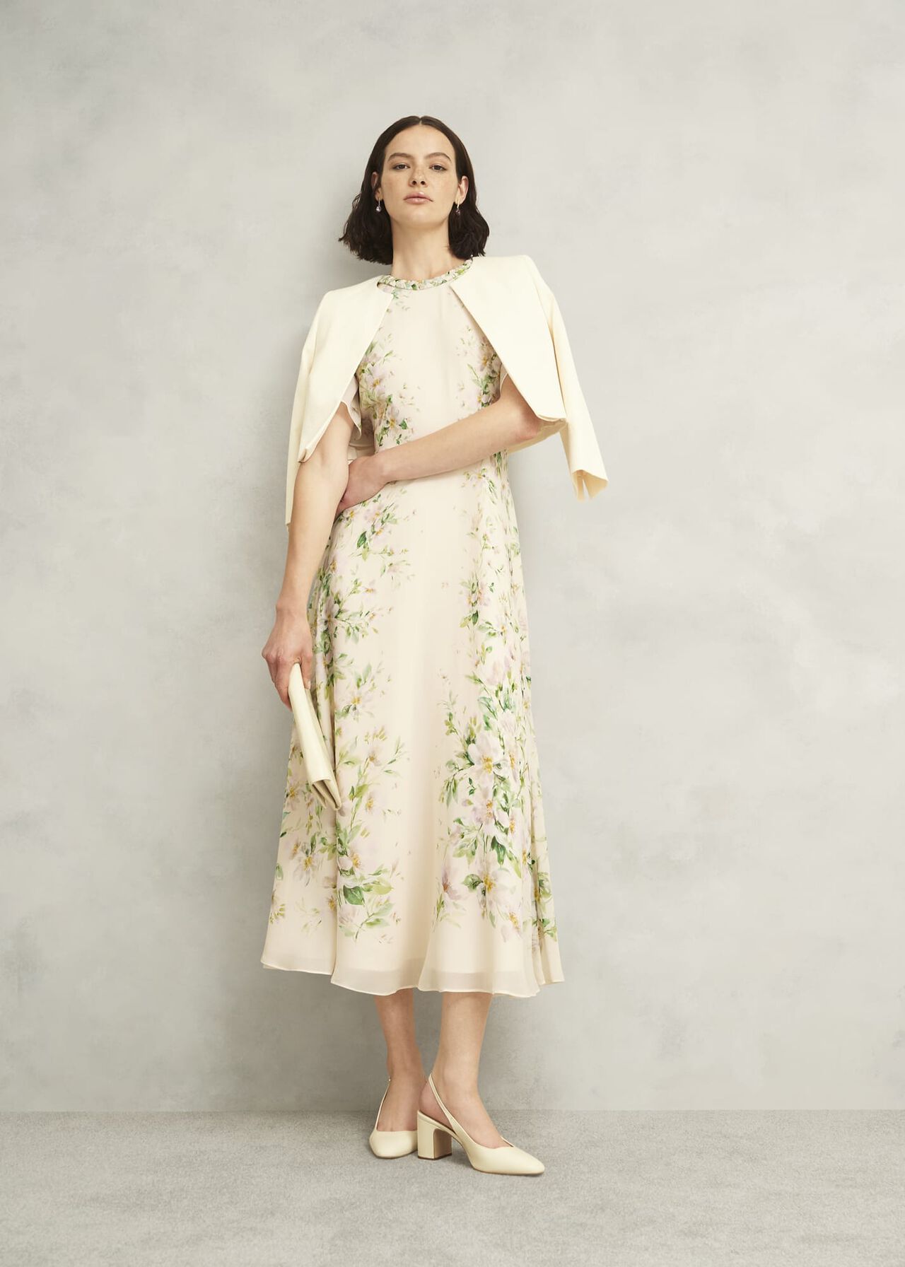 Petite Kim Plait Neck Floral Silk Dress , Cream Multi, hi-res