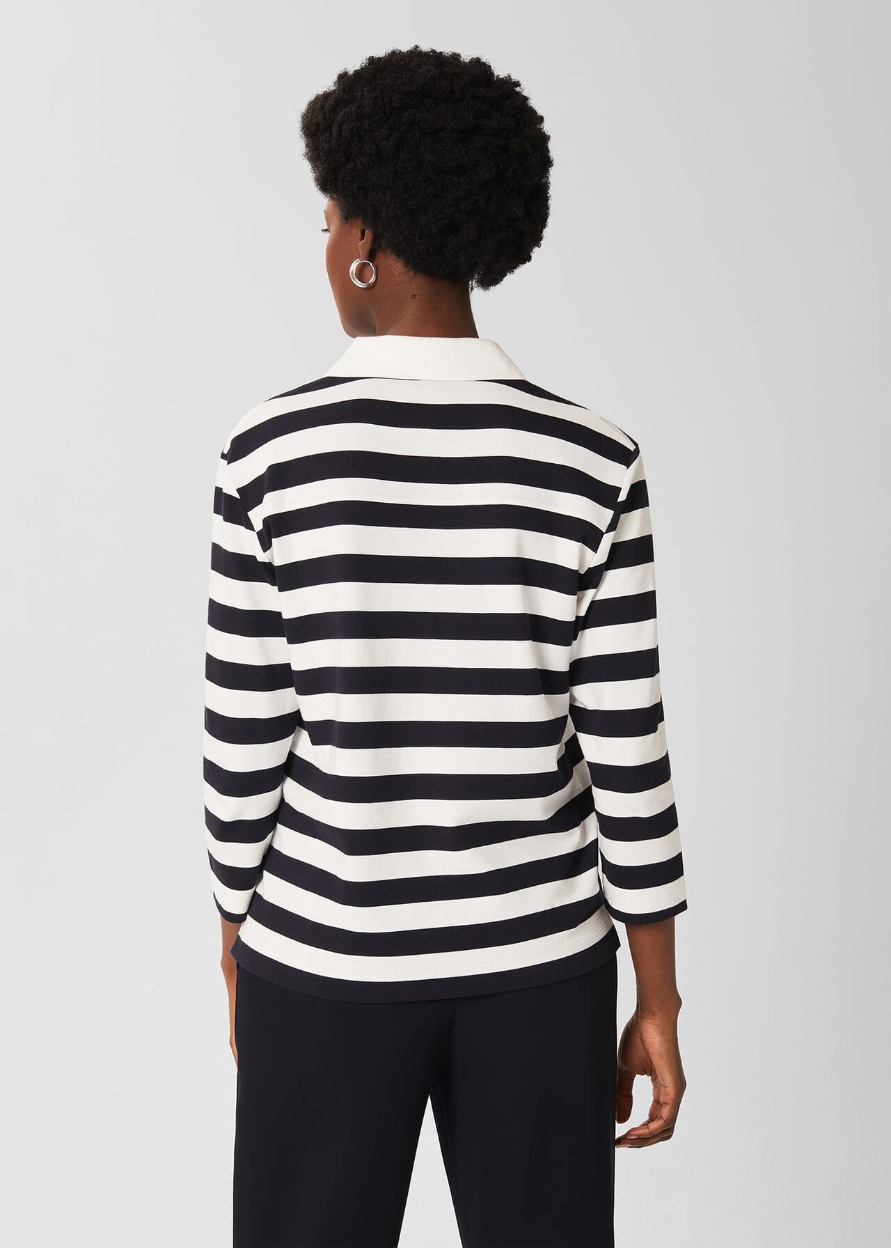 Llilie Cotton Striped Polo Shirt, Ivory Navy, hi-res