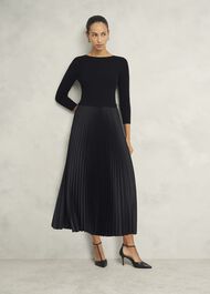 Lucinda Satin Pleated Knitted Dress, Black, hi-res