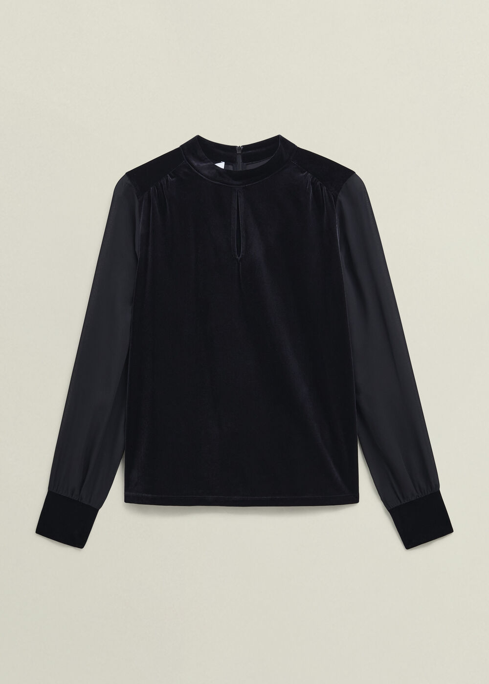 Lorelai Velvet High Neck Sheer Sleeve Top, Black, hi-res