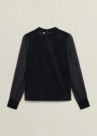 Lorelai Velvet High Neck Sheer Sleeve Top, Black, hi-res