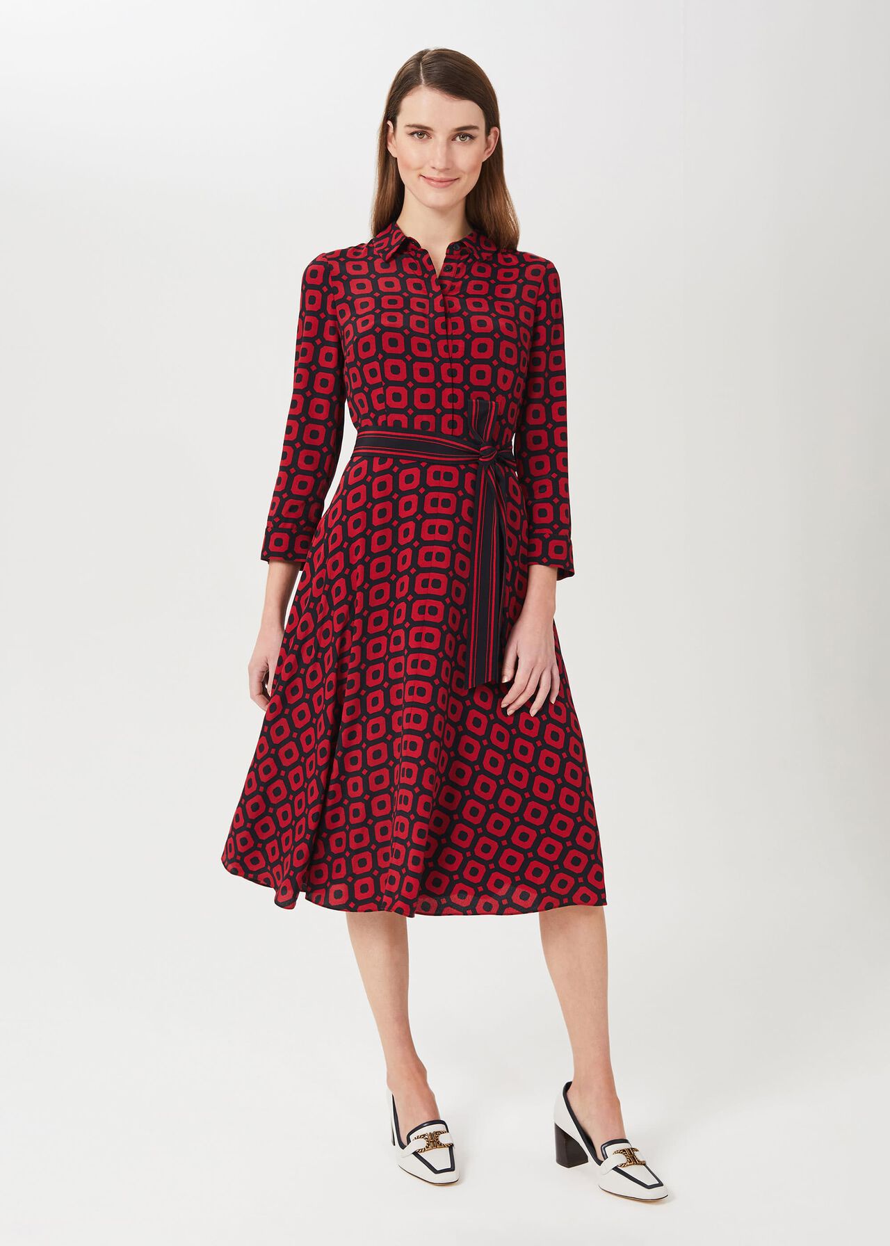 Alex Geo Shirt Dress, Red Navy, hi-res