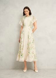 Kim Plait Neck Floral Silk Dress , Cream Multi, hi-res
