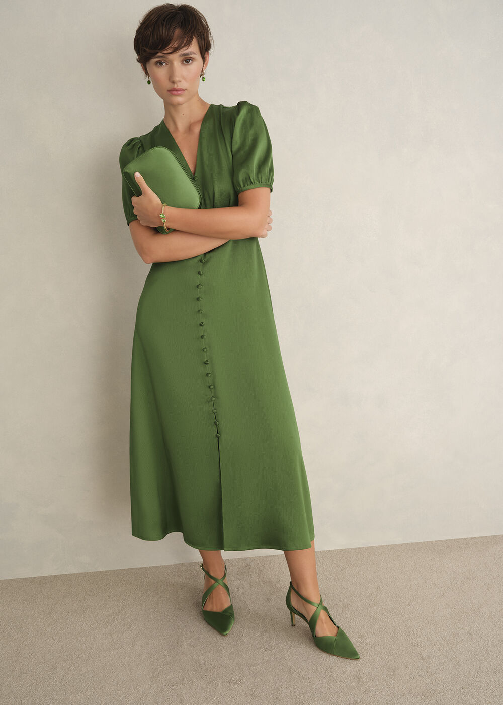 Isabelle Textured Satin Dress, Bay Leaf Green, hi-res