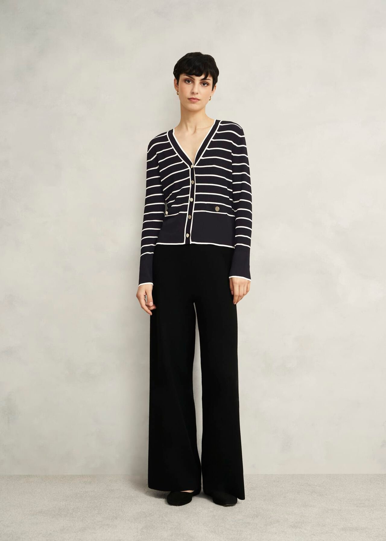 Navy Belmont Striped Knitted V Neck Cardigan, Black Cream, hi-res