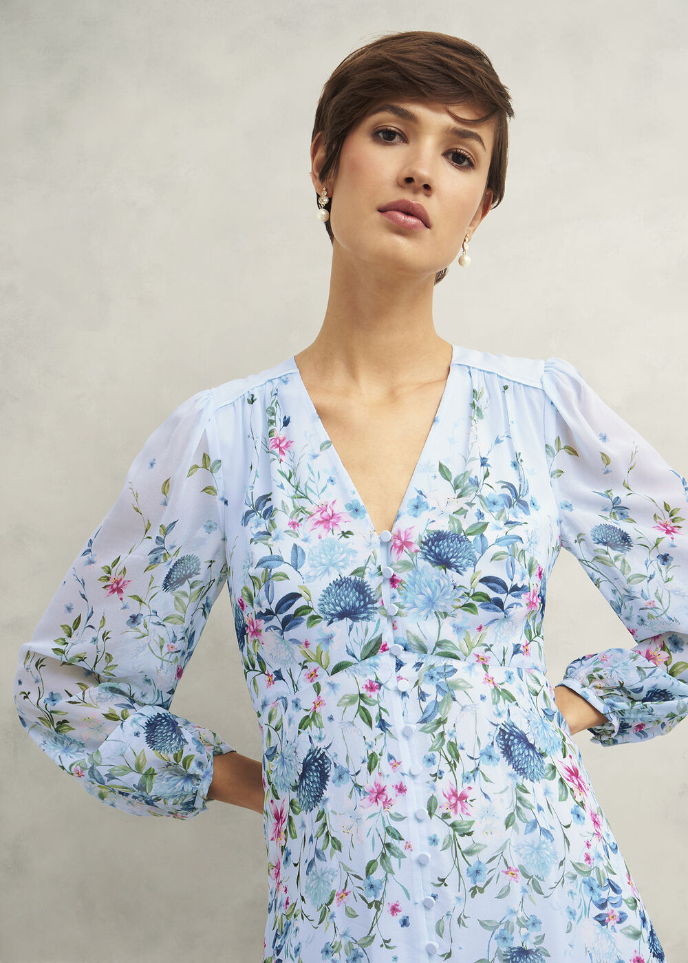 Caversham Floral Silk Dress, Blue Multi, hi-res