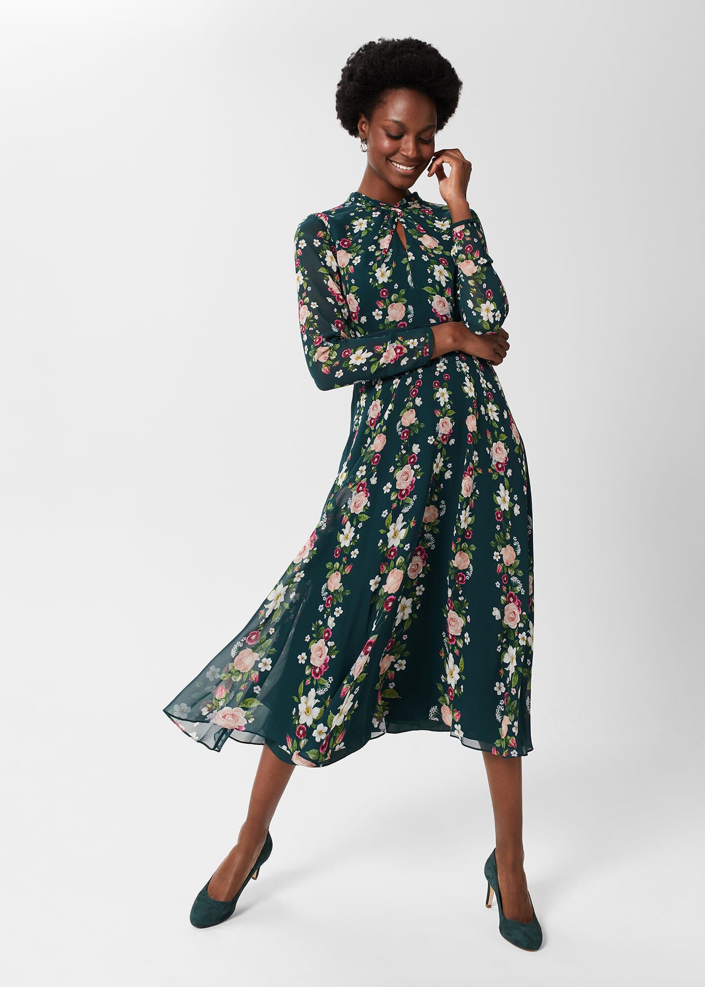 Green silk floral deals dress