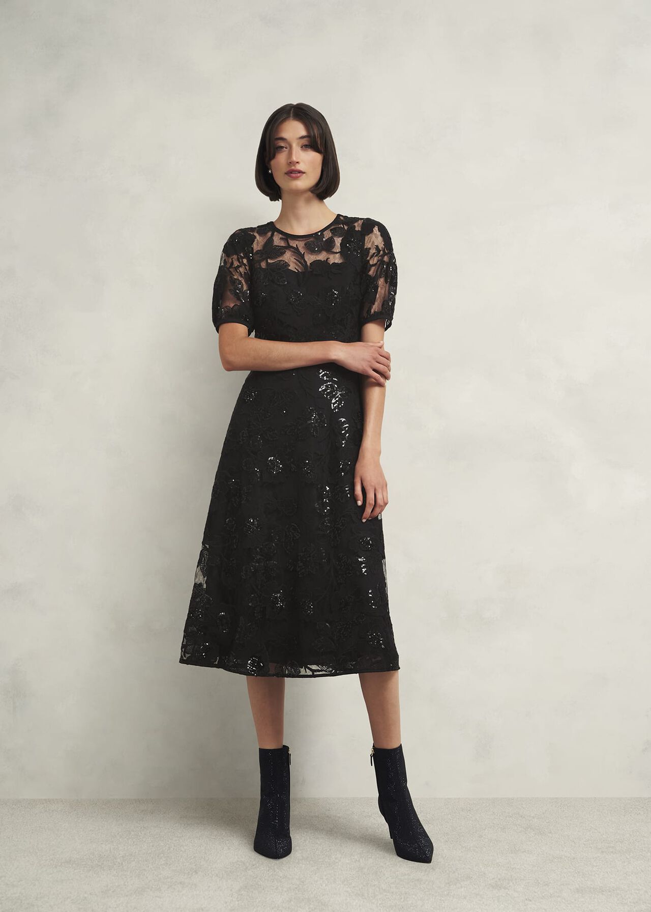 Ami Lace Sequin Midi Dress, Hobbs Black, hi-res