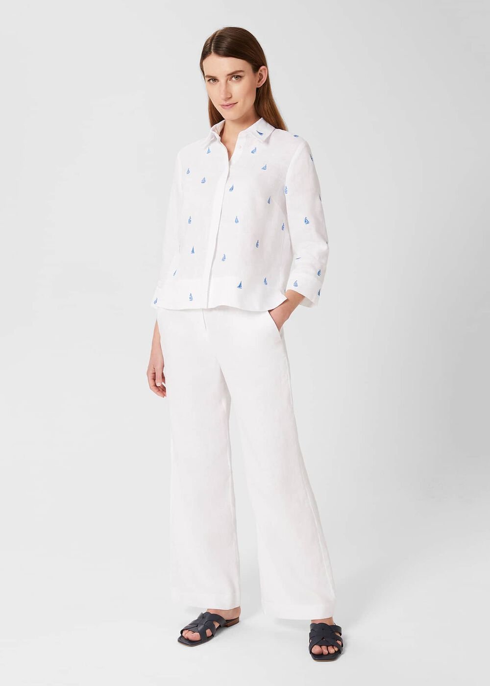 Embroidered Nita Linen Shirt, White Sky Blue, hi-res