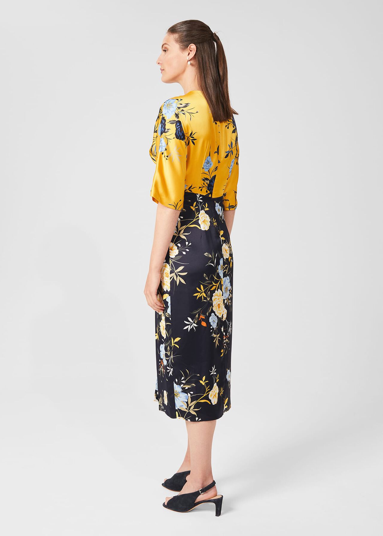 Farrah Satin Floral Midi Dress, Navy Yellow, hi-res