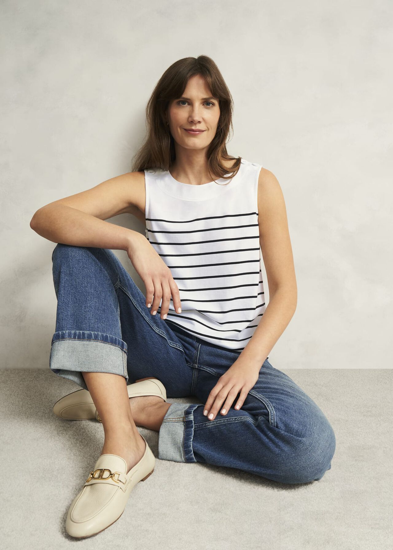 Maddy Cotton Striped Top, White Navy, hi-res