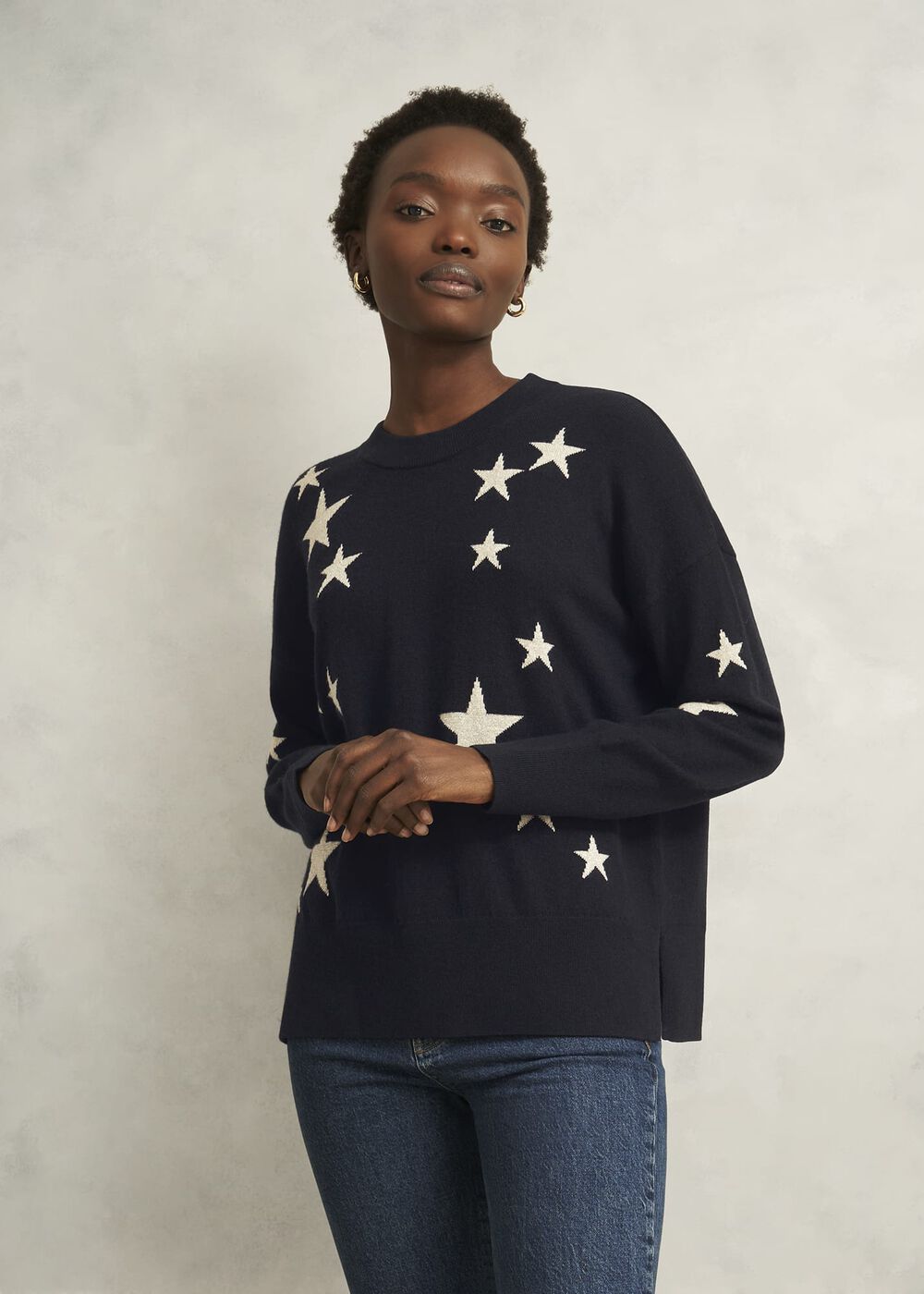 Arnelle Wool Blend Star Print Knitted Jumper, Navy Silver, hi-res