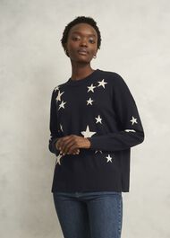 Arnelle Wool Blend Star Print Knitted Jumper, Navy Silver, hi-res