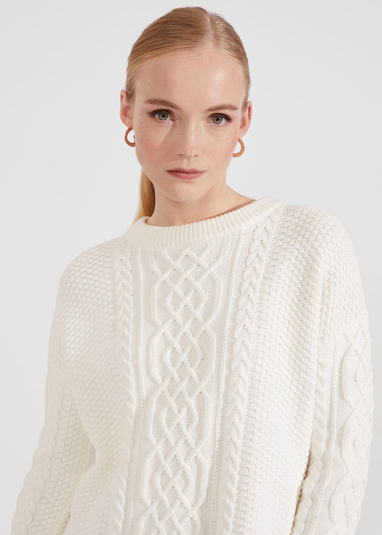 Corina Cotton Cable Sweater, Ivory, hi-res