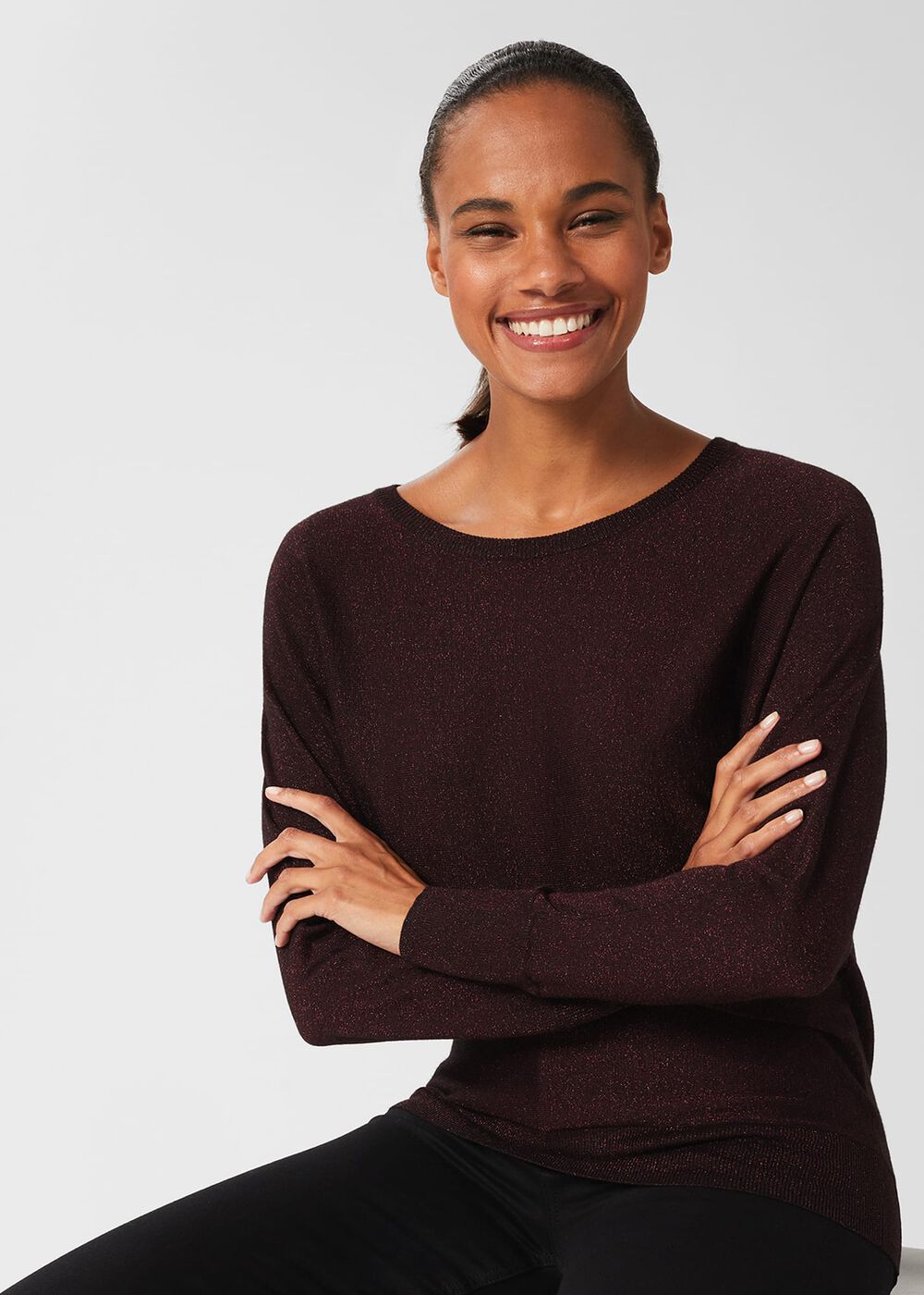 Sara Sparkle Batwing Jumper, Black Burgundy, hi-res