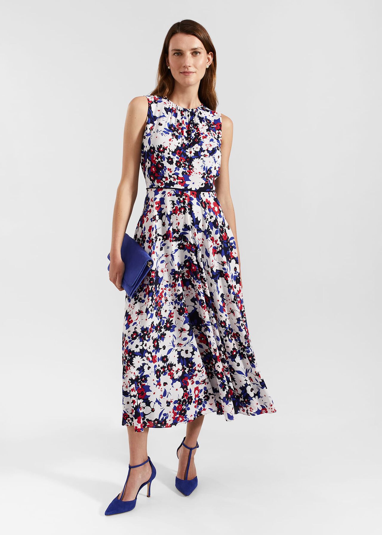 Carly Gathered Neck Floral Dress, Navy Pink Multi, hi-res