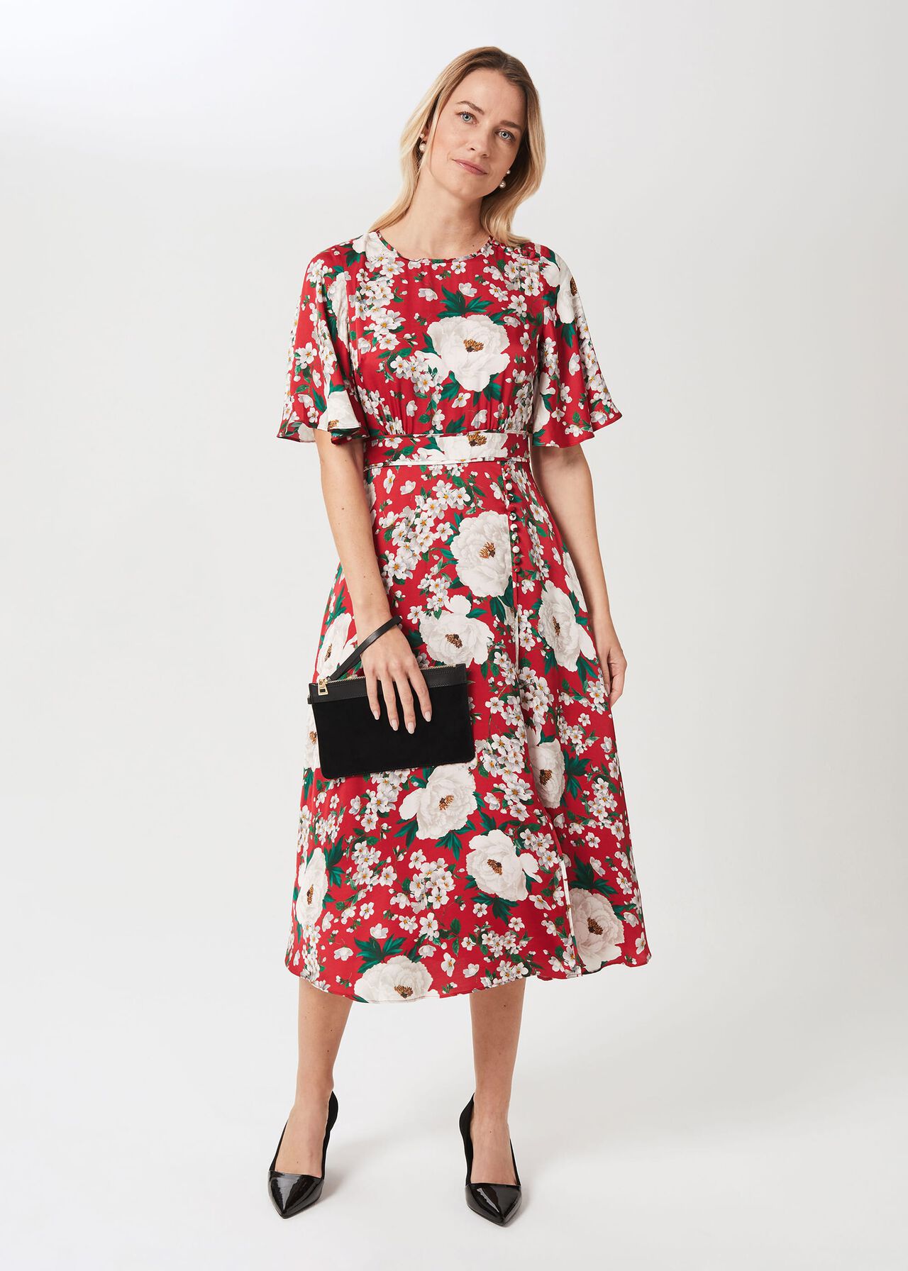 Bella Floral Print Satin Dress, Red Multi, hi-res