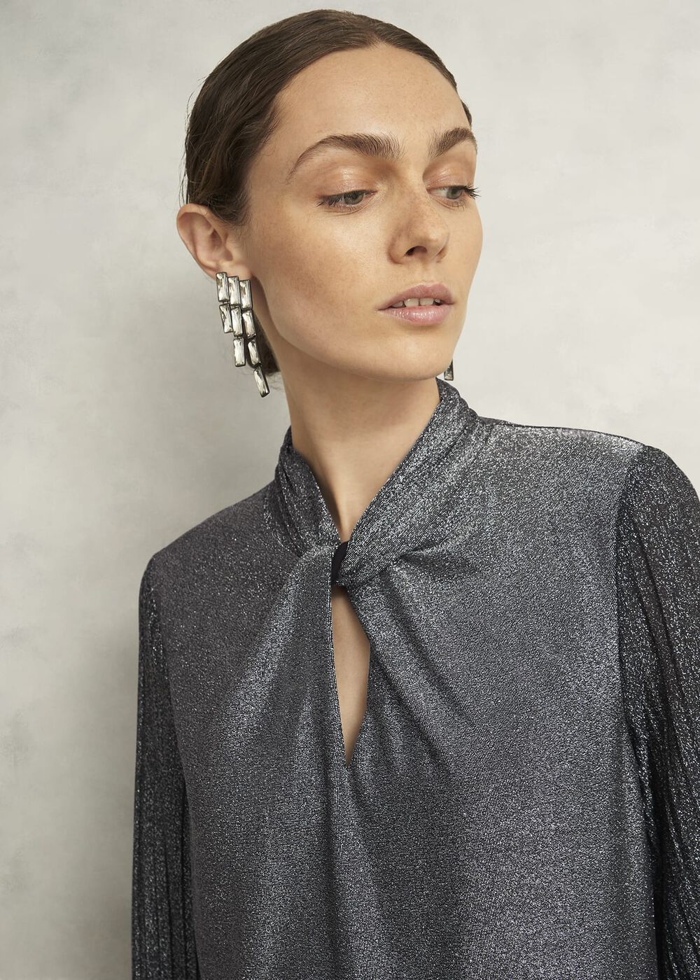 Silver Metallic Ashley Pleat Sleeve Twist Neck Top, Silver, hi-res