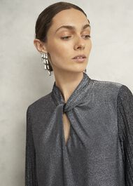 Silver Metallic Ashley Pleat Sleeve Twist Neck Top, Silver, hi-res