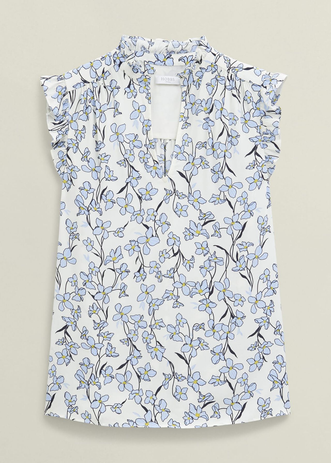 Ivory Floral Jules Top with Frill Sleeve, Ivory Blue, hi-res