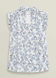 Ivory Floral Jules Top with Frill Sleeve, Ivory Blue, hi-res