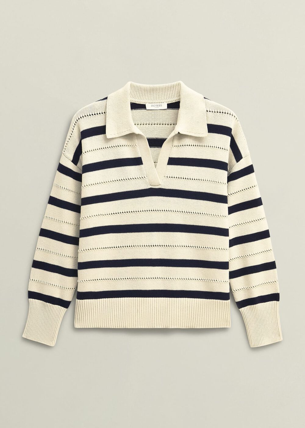 Ivory Beauford Cotton Stripe Polo Knitted Jumper, Cream Navy, hi-res