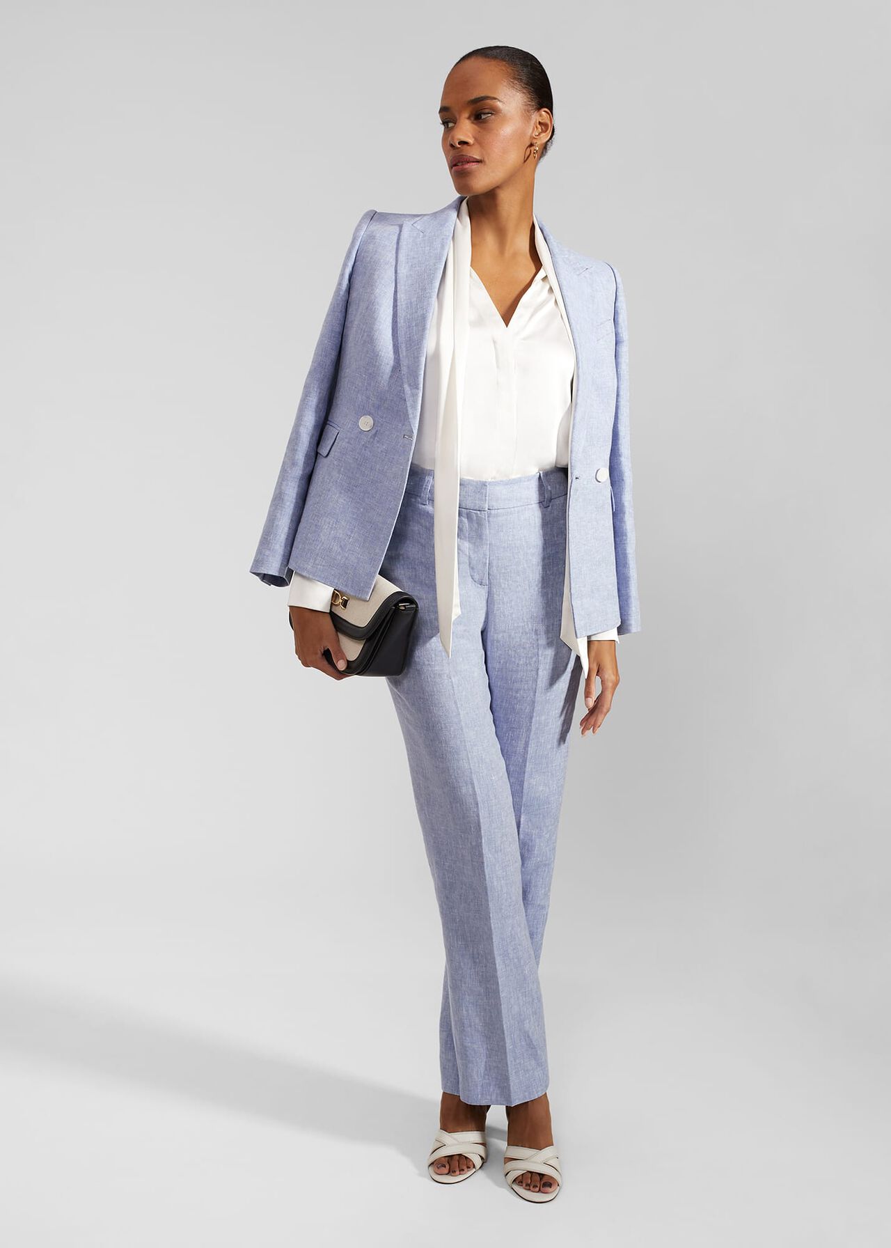 Adina Straight Linen Trousers, Blue Ivory, hi-res