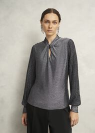 Silver Metallic Ashley Pleat Sleeve Twist Neck Top, Silver, hi-res
