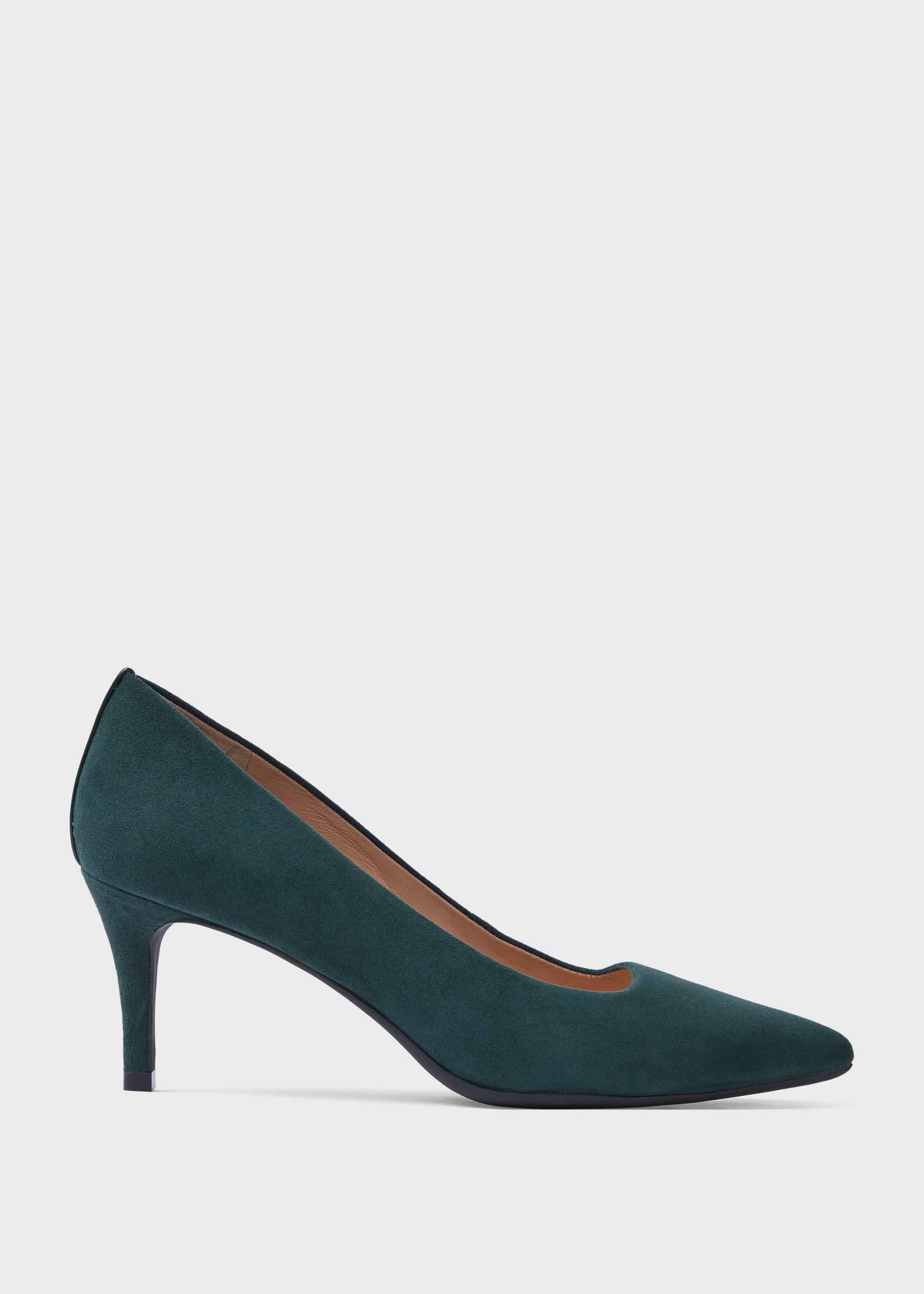 green suede court shoes