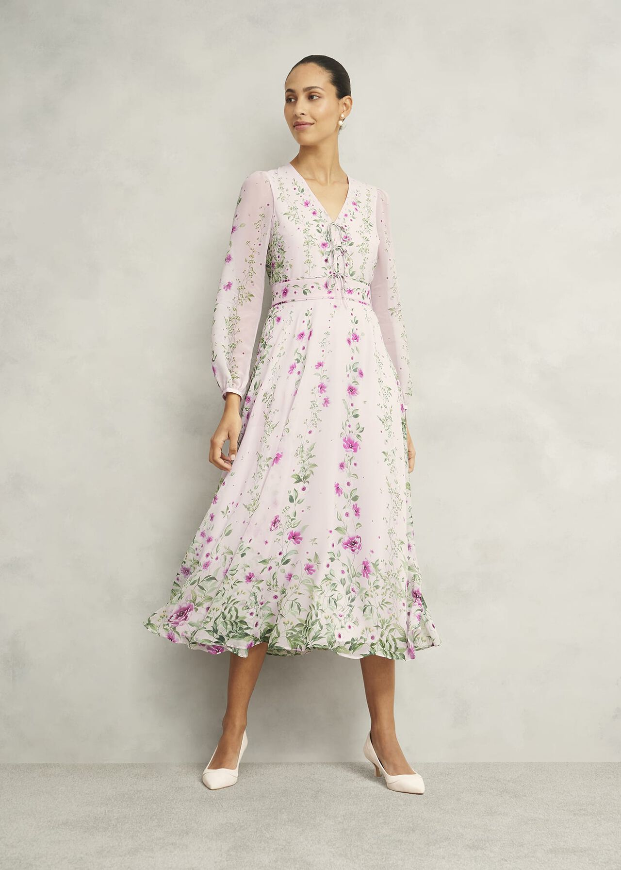 Petite Fay Silk Bow Detail Dress, Pink Multi, hi-res