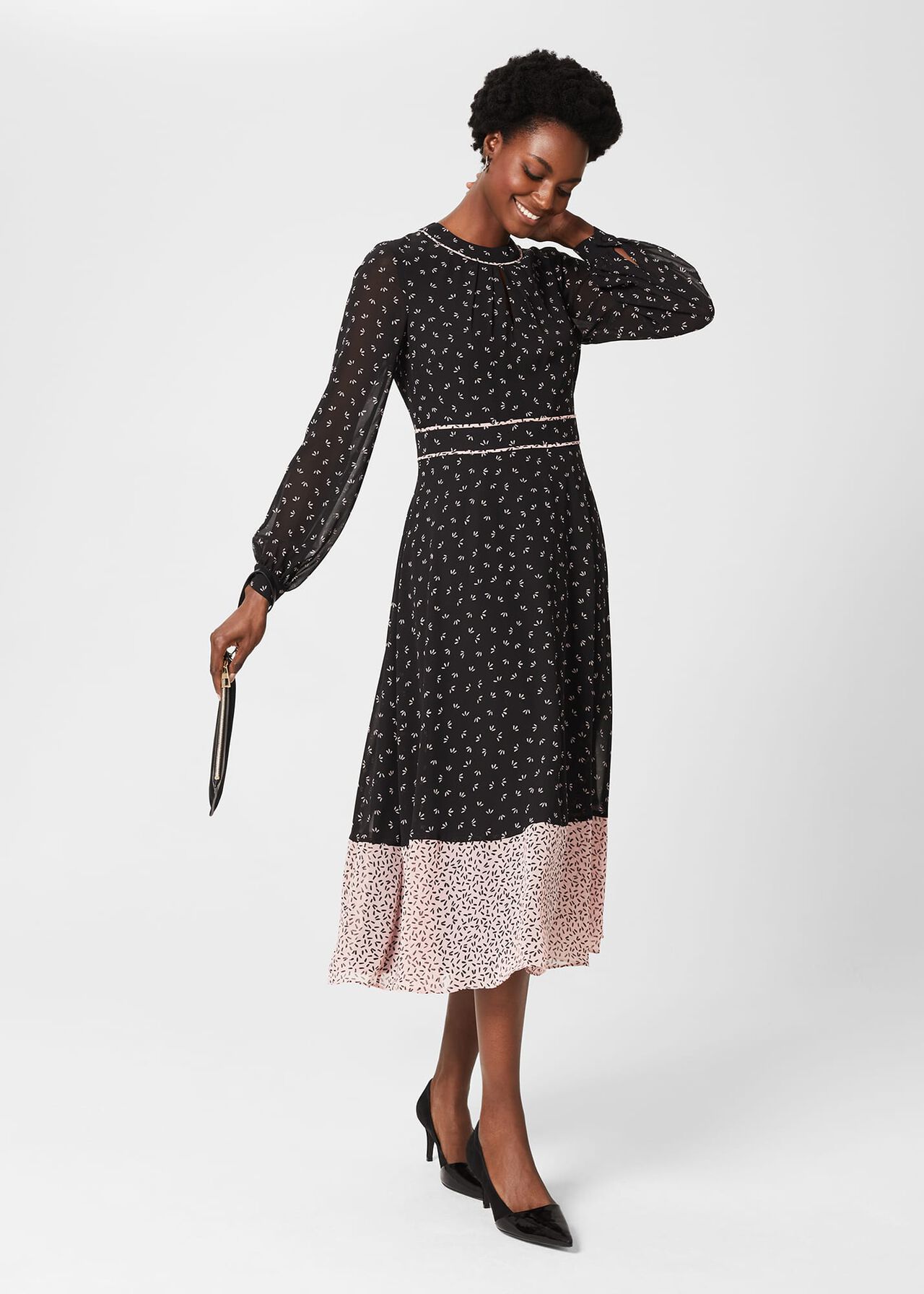 Heidi Printed Midi Dress, Black Pink, hi-res