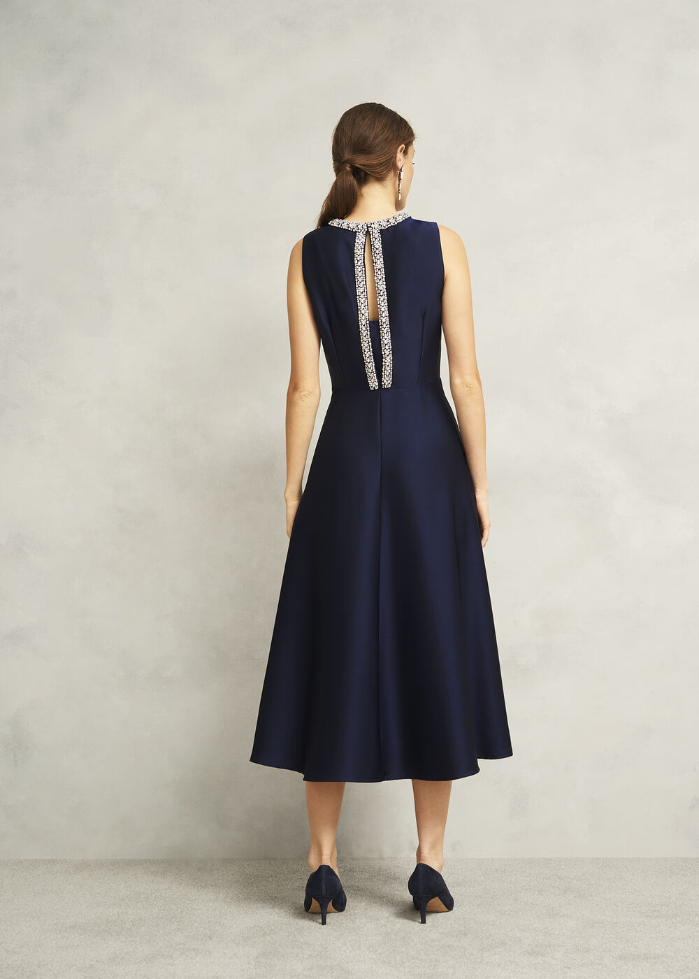 Keira Trimmed Satin Midi Dress, Midnight, hi-res
