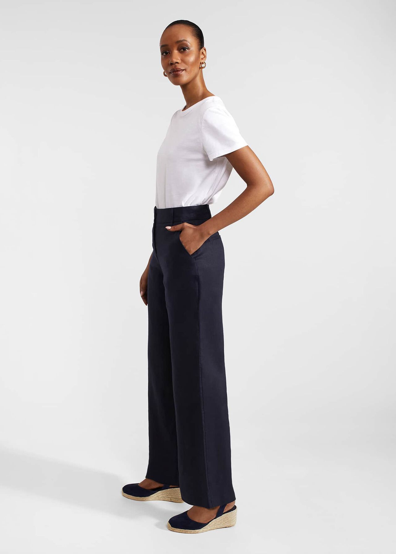 Petite Lynn Linen Trousers, Navy, hi-res
