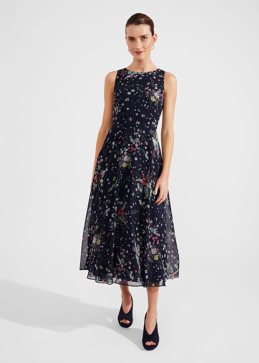 Petite Carly Floral Fit And Flare Dress, Navy Multi, hi-res