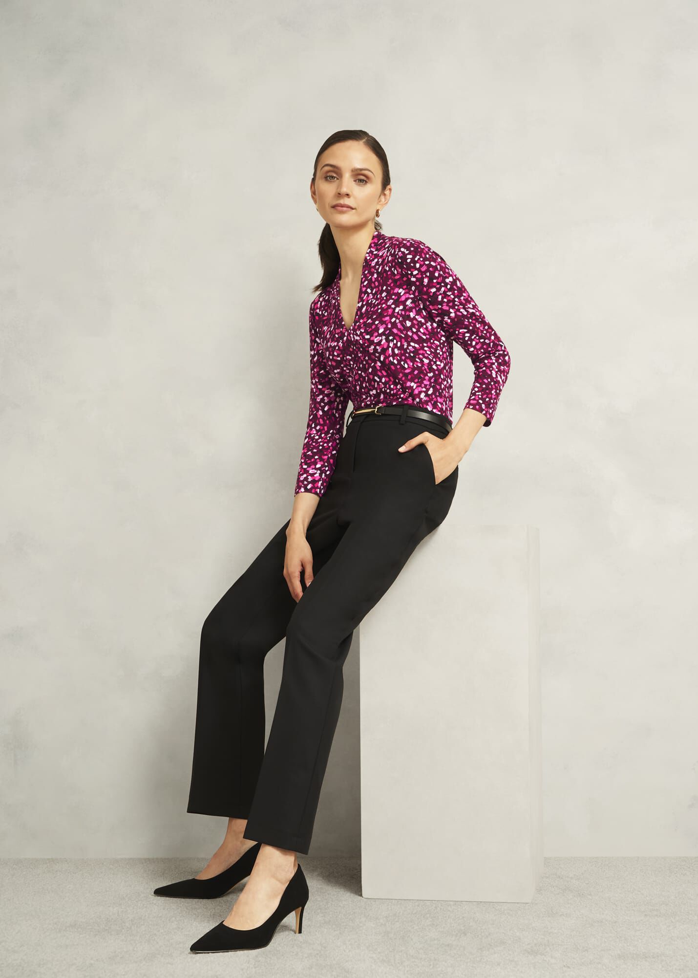 Burgundy Aimee Printed V Neck 3/4 Sleeve Top | Hobbs UK |