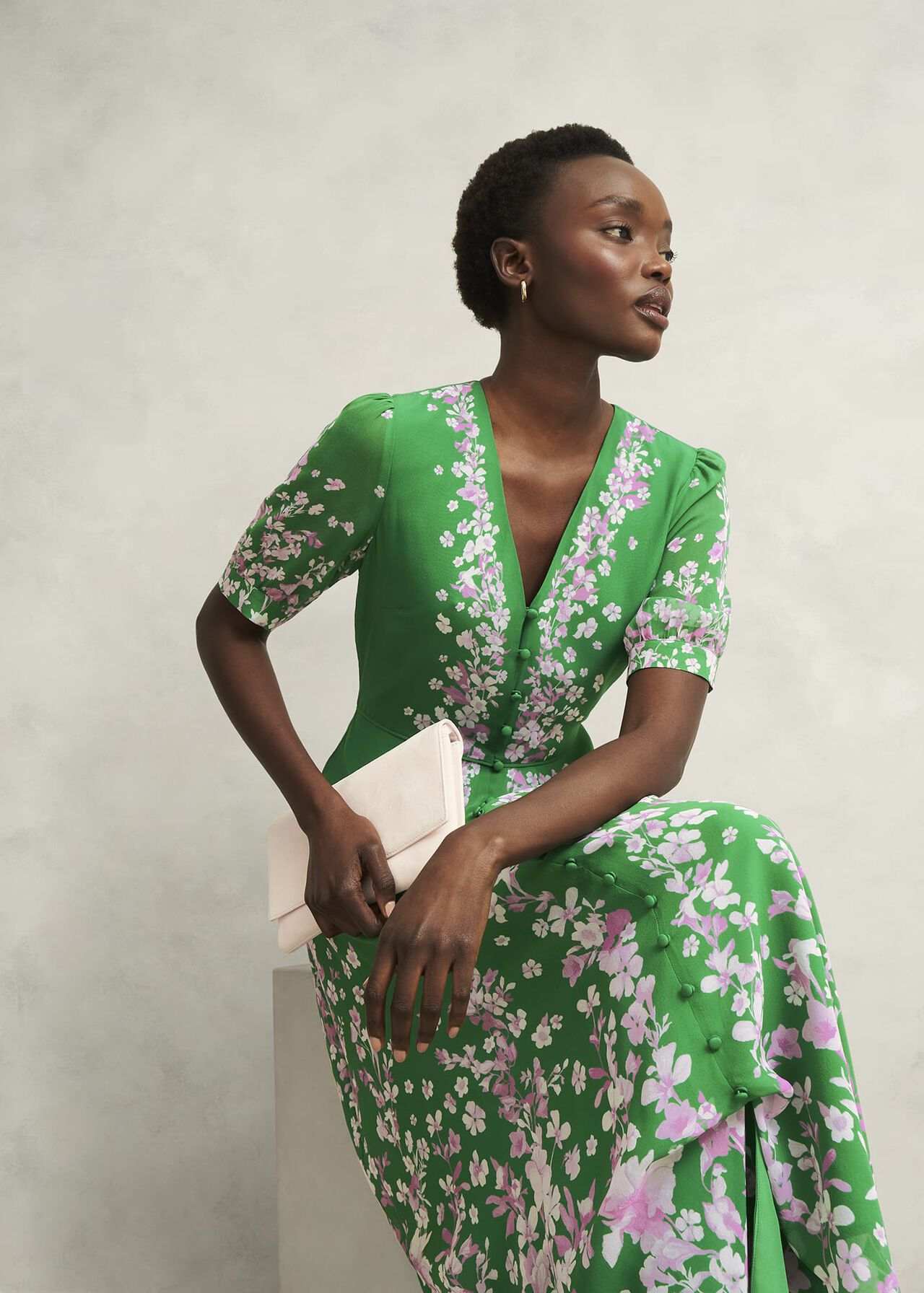 Ana Silk Floral Dress, Green Pink, hi-res