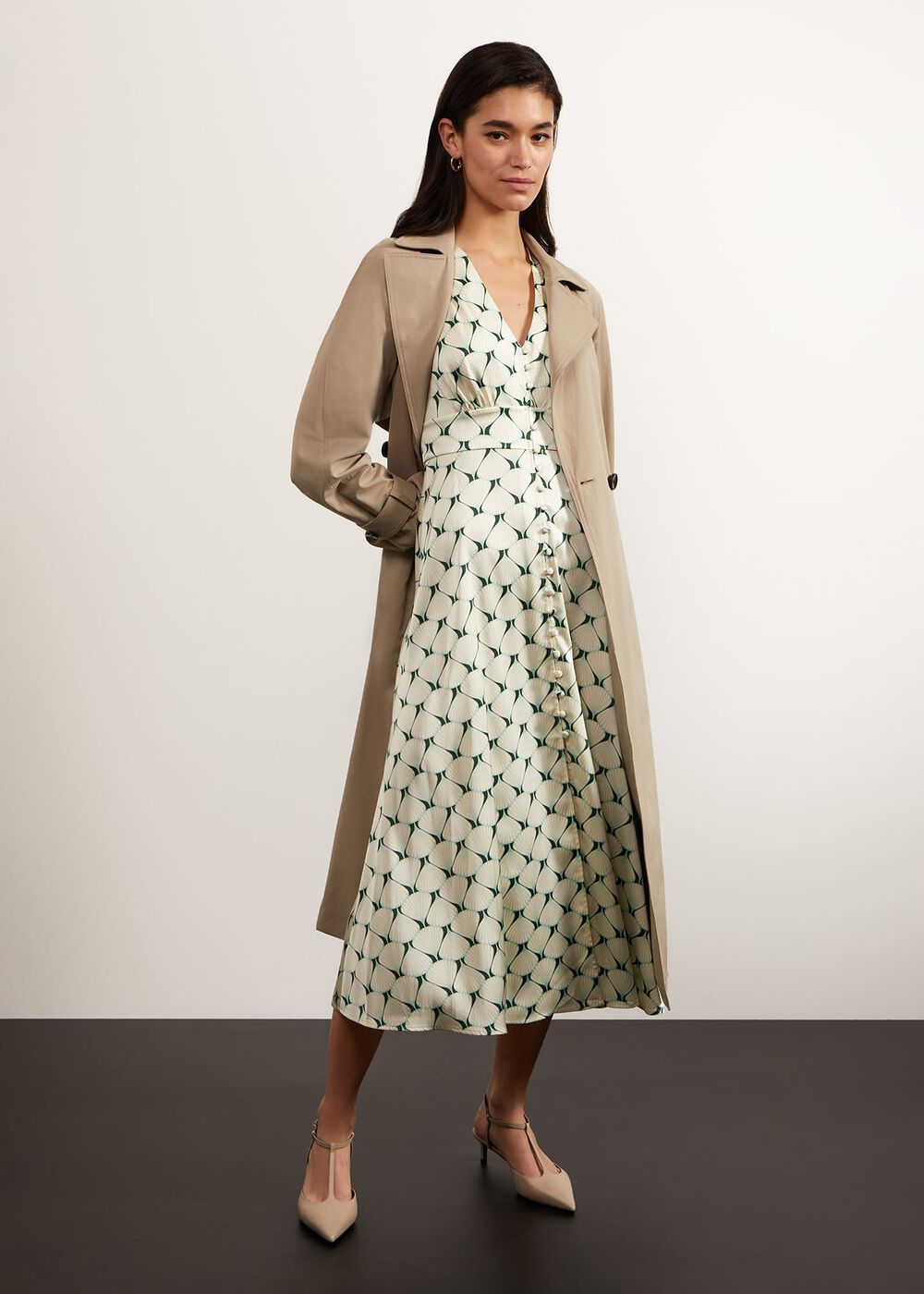 Ennerdale V Neck Midi Dress, Green Cream, hi-res