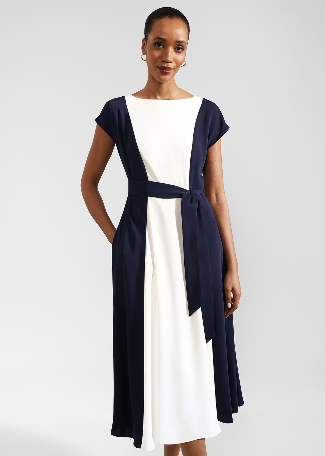 Emery Tie Belted Midi Dress, Navy Cream, hi-res