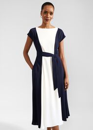 Emery Tie Belted Midi Dress, Navy Cream, hi-res