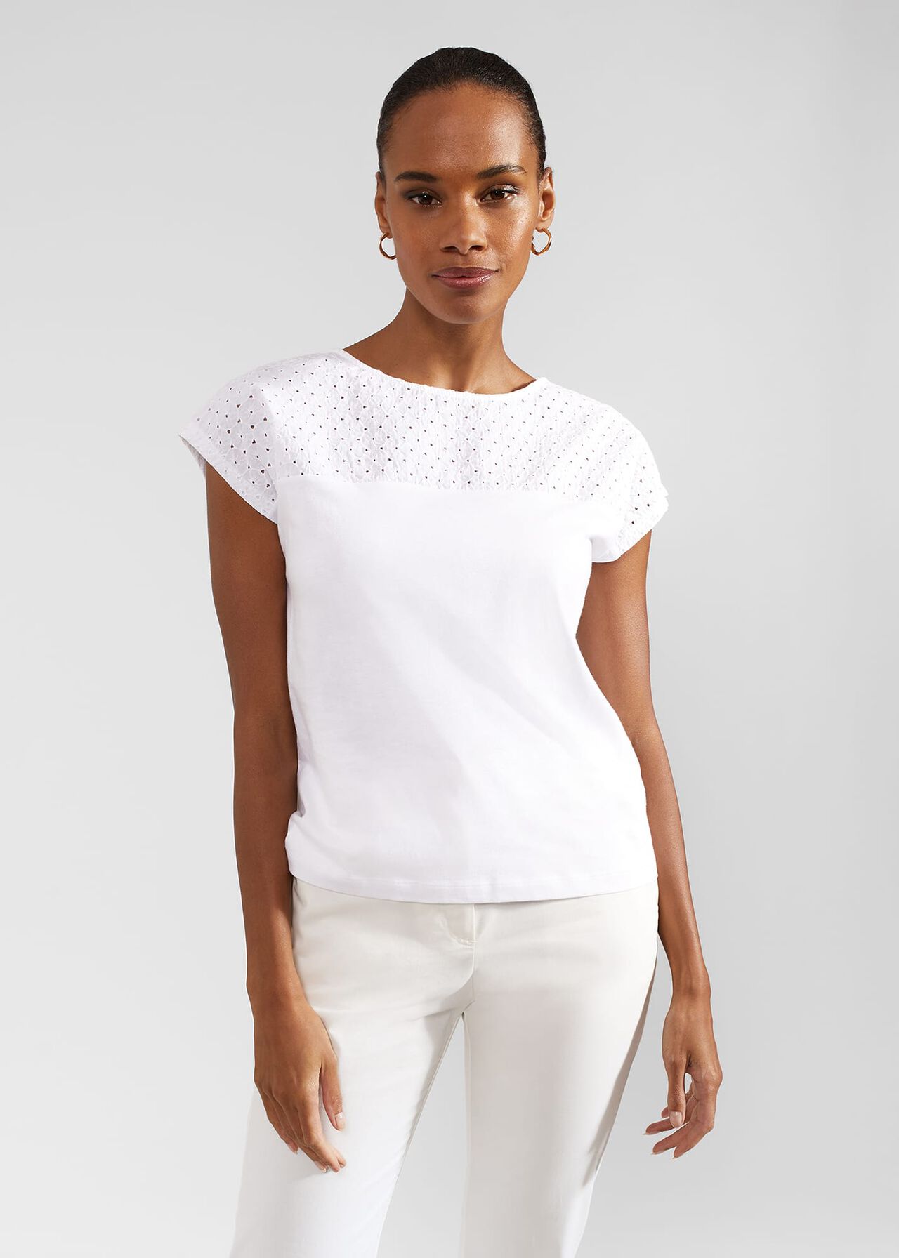 Thea Cotton Broderie Top, White, hi-res