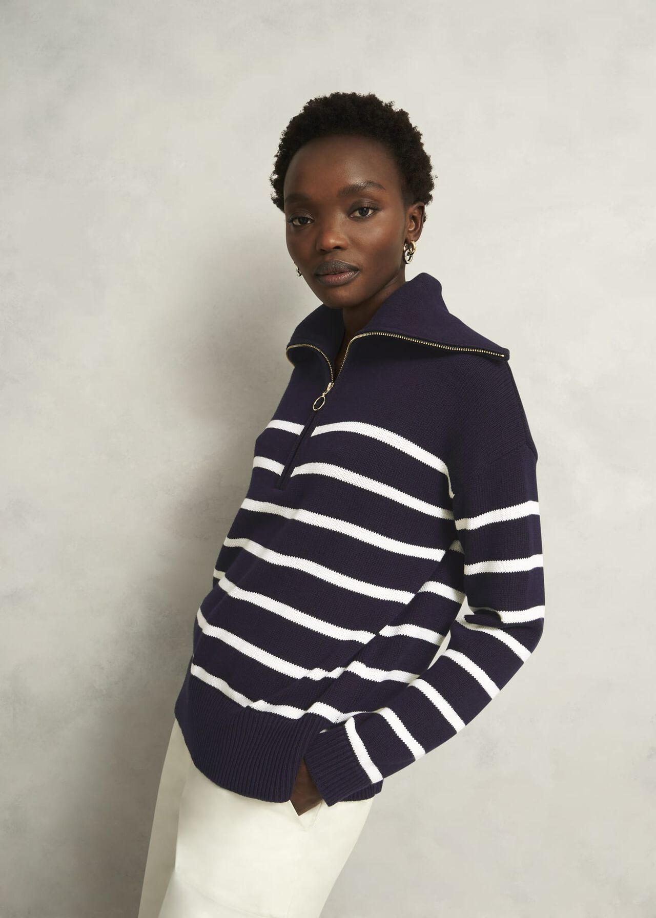 Amy Stripe Cotton Jumper, Warm Ivory Navy, hi-res