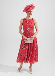 Carly Floral Midi Dress, Pink Red Multi, hi-res