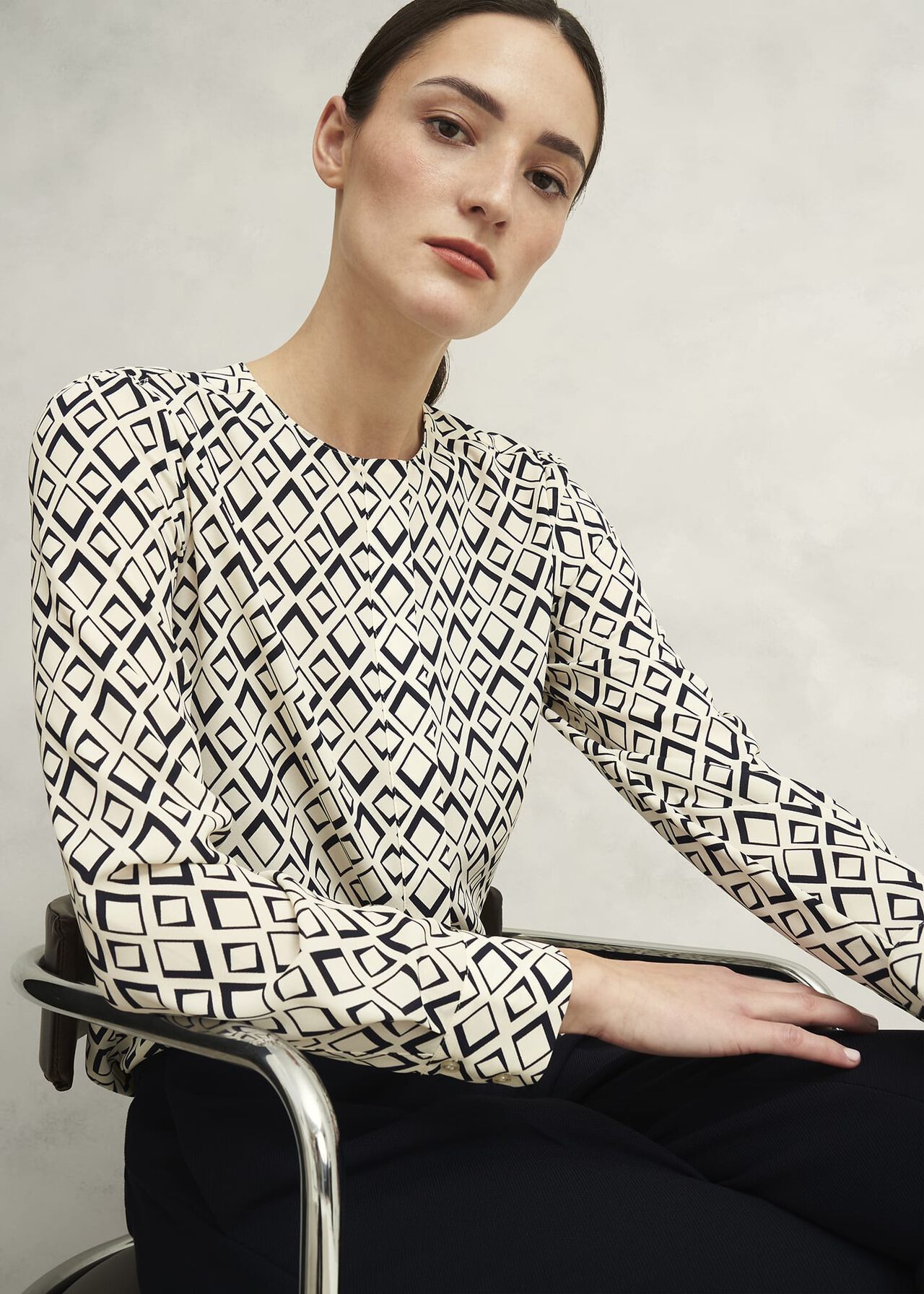 Ava Blouse, Cream Navy, hi-res